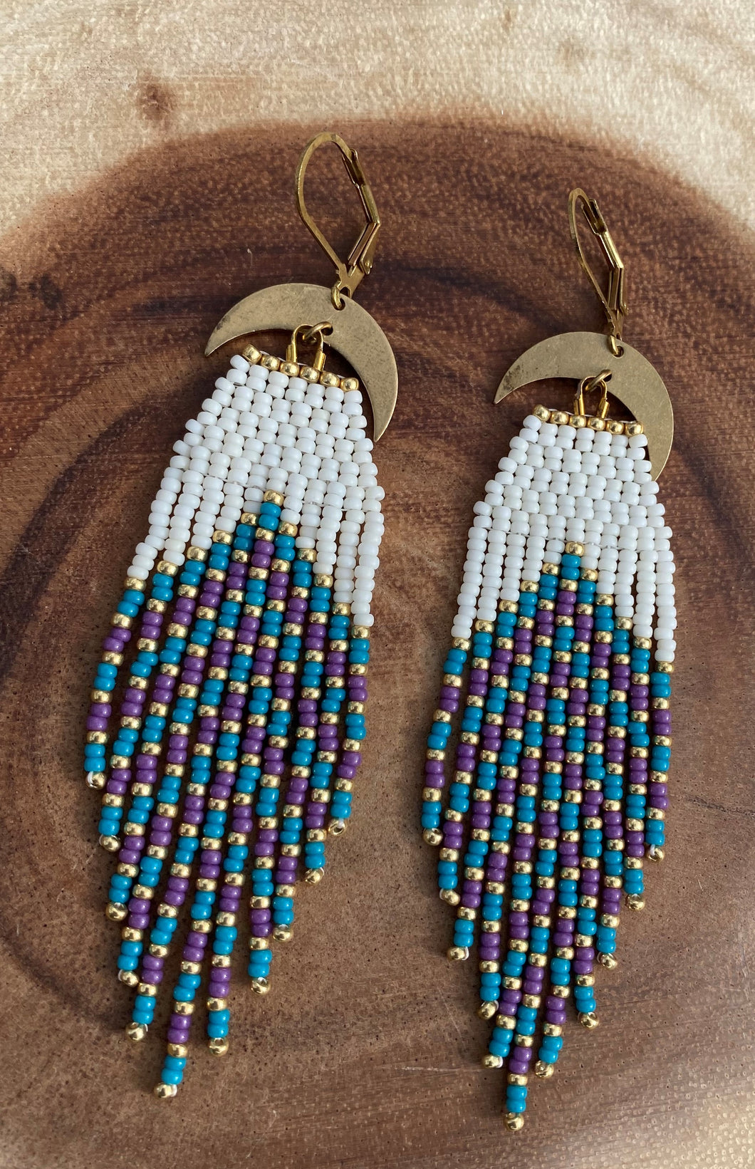 Beaded Fringe Earrings w/ Moon Charms - Blue & Green