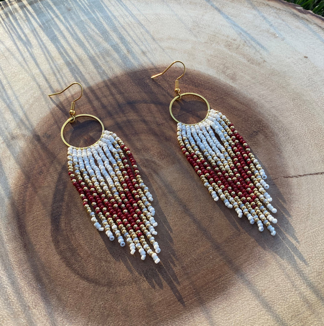 Maroon Red Beaded Fringe Hoop Earrings